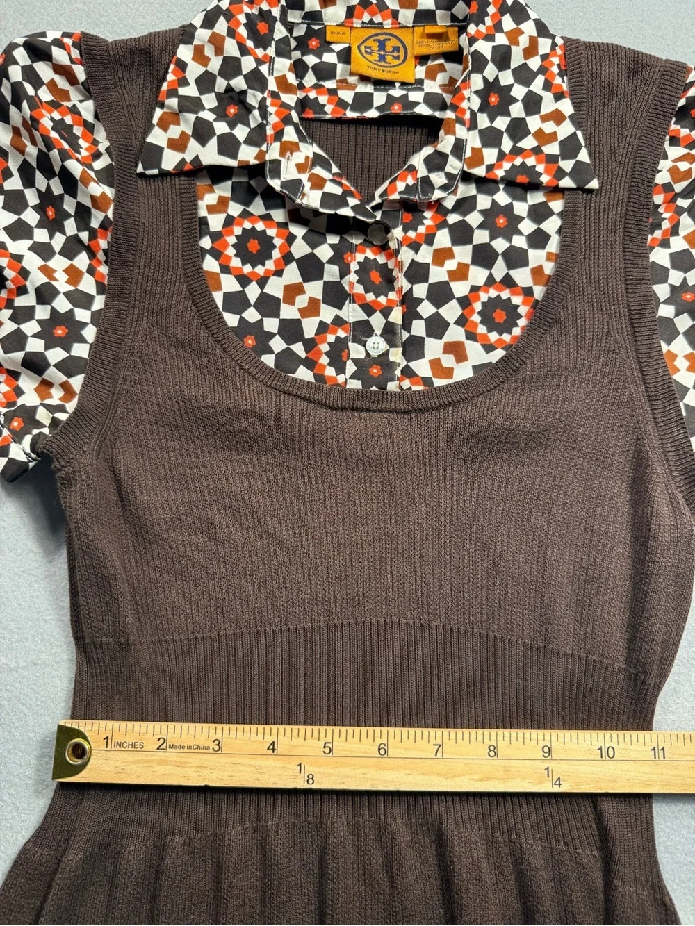 Tory Burch Small 100% Silk Cotton Brown Midi Stretch Sweater Dress Retro 70s